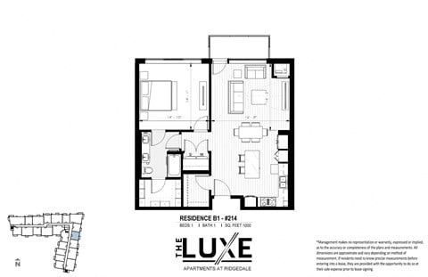 Floor plan for 1 bed, 1 bath, 1000 sqft